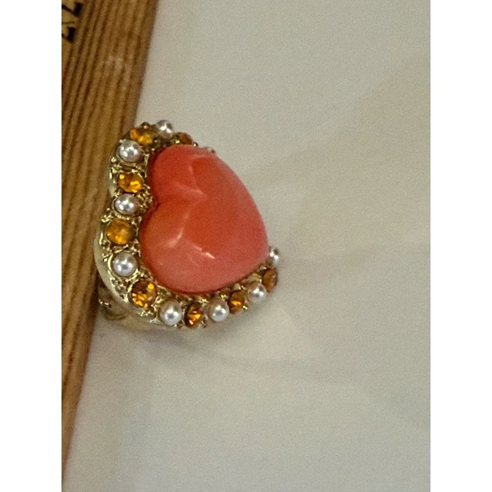 Gold Tone Coral Pink Resin Heart Statement Ring  Adjustable Cocktail Rhinestones